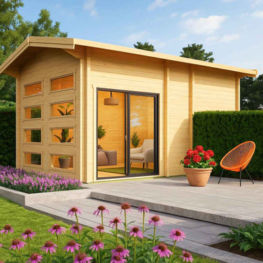GardenHouse24 USA Caddie 70B ALU ISO Garden Room appears with large glass windows and a cozy patio featuring flowers and a bright orange chair