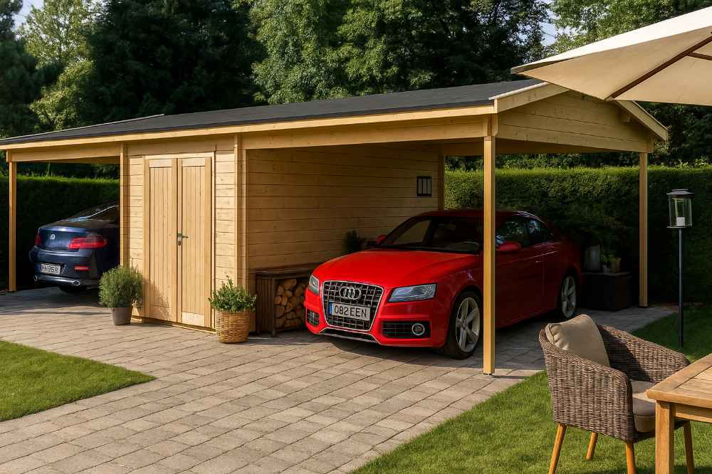 GardenHouse24 USA Carport Hans 70 Garden Room is seen here in a cozy garden setting with wicker furniture nearby and logs neatly stored under one of the carports