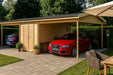 GardenHouse24 USA Carport Hans 70 Garden Room is seen here in a cozy garden setting with wicker furniture nearby and logs neatly stored under one of the carports