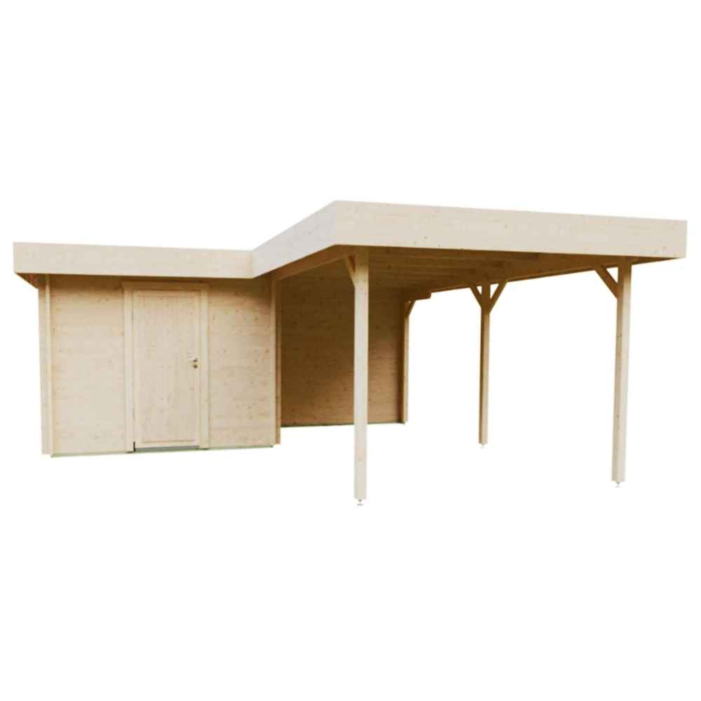 GardenHouse24 USA Carport Kampen 44 Garden Room is shown from the front with a natural wood finish and a door leading to the enclosed garden room