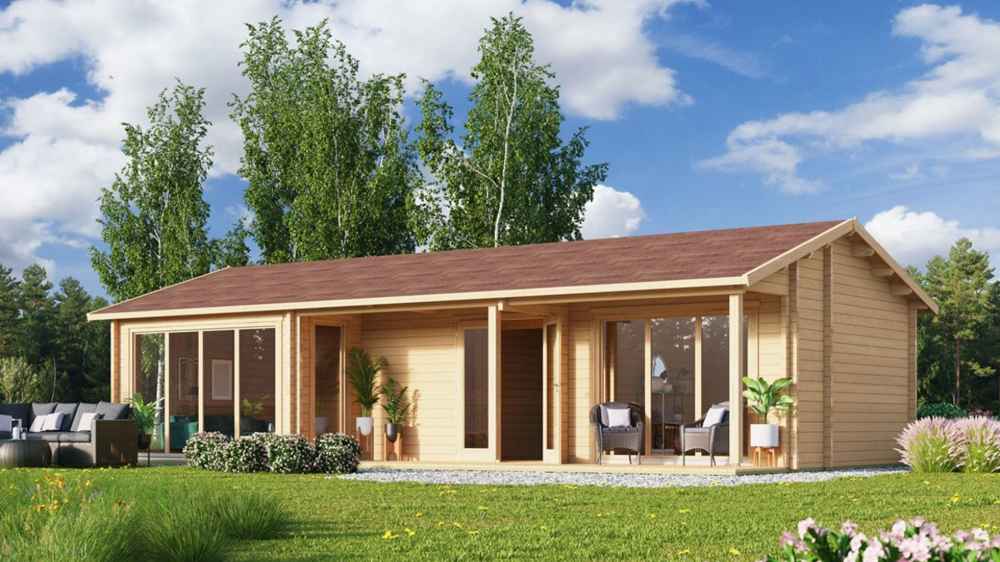 GardenHouse24 USA Casablanca 70 Garden Room appears nestled in a landscaped yard with brown roofing and stylish outdoor seating under clear skies