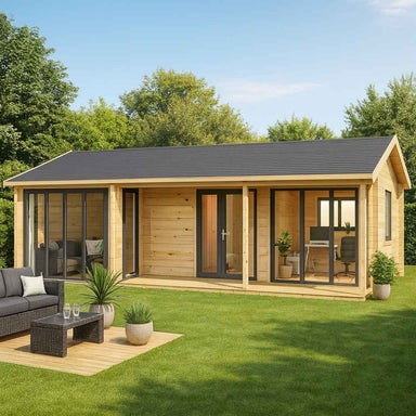 GardenHouse24 USA Casablanca 70 Garden Room with large glass doors and windows sits in a green backyard