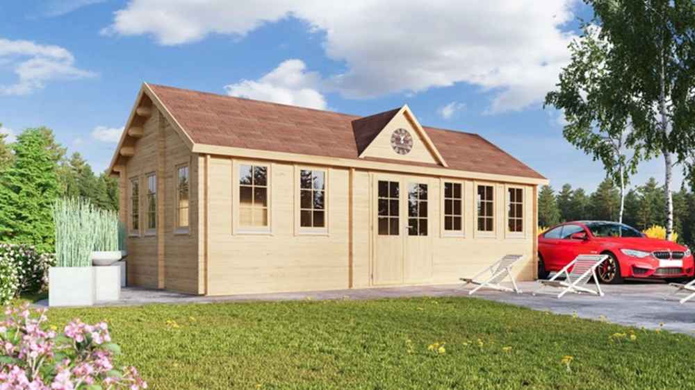 GardenHouse24 USA Clockhouse Bristol 44mm Garden Room is seen at an angle with its many windows and a decorative clock dormer above the door