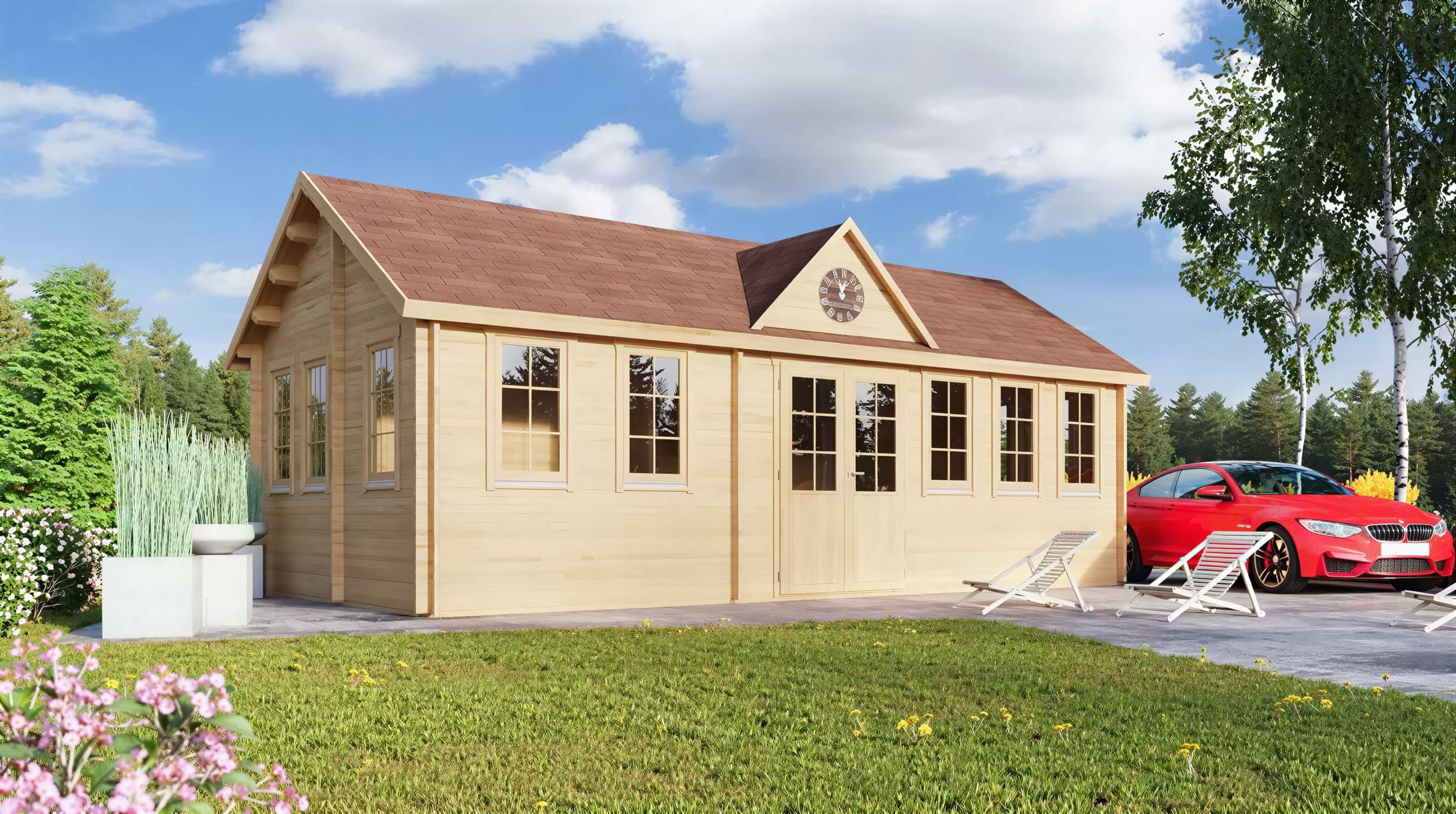GardenHouse24 USA Clockhouse Bristol 44mm Garden Room is seen at an angle with its many windows and a decorative clock dormer above the door