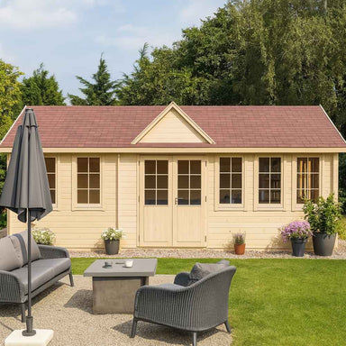 GardenHouse24 USA Clockhouse Bristol 44mm Garden Room with a red gable roof and double doors framed by six-pane windows