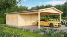 GardenHouse24 USA Double Carport Erki 44 Garden Room is shown in daylight with a sleek yellow car parked beside a vibrant green garden