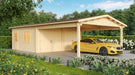 GardenHouse24 USA Double Garage and Carport Erki 70 Garden Room displays a yellow sports car parked in the carport beside the double garage