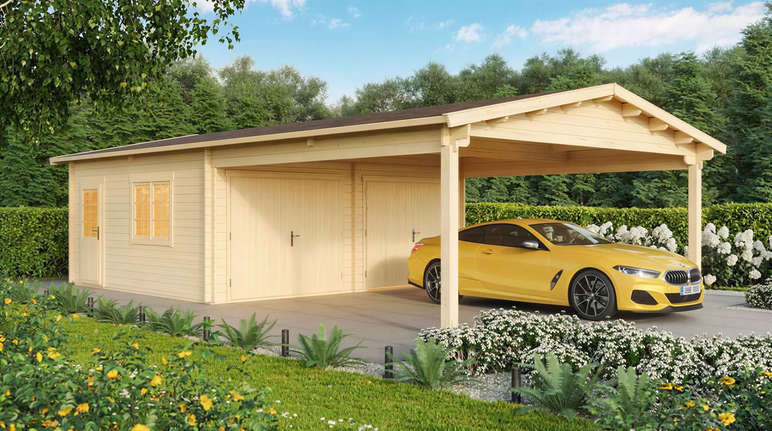 GardenHouse24 USA Double Garage and Carport Erki 70 Garden Room displays a yellow sports car parked in the carport beside the double garage
