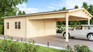 GardenHouse24 USA Double Garage and Carport Erki 70 Garden Room features a silver SUV parked under the wooden carport near a landscaped garden