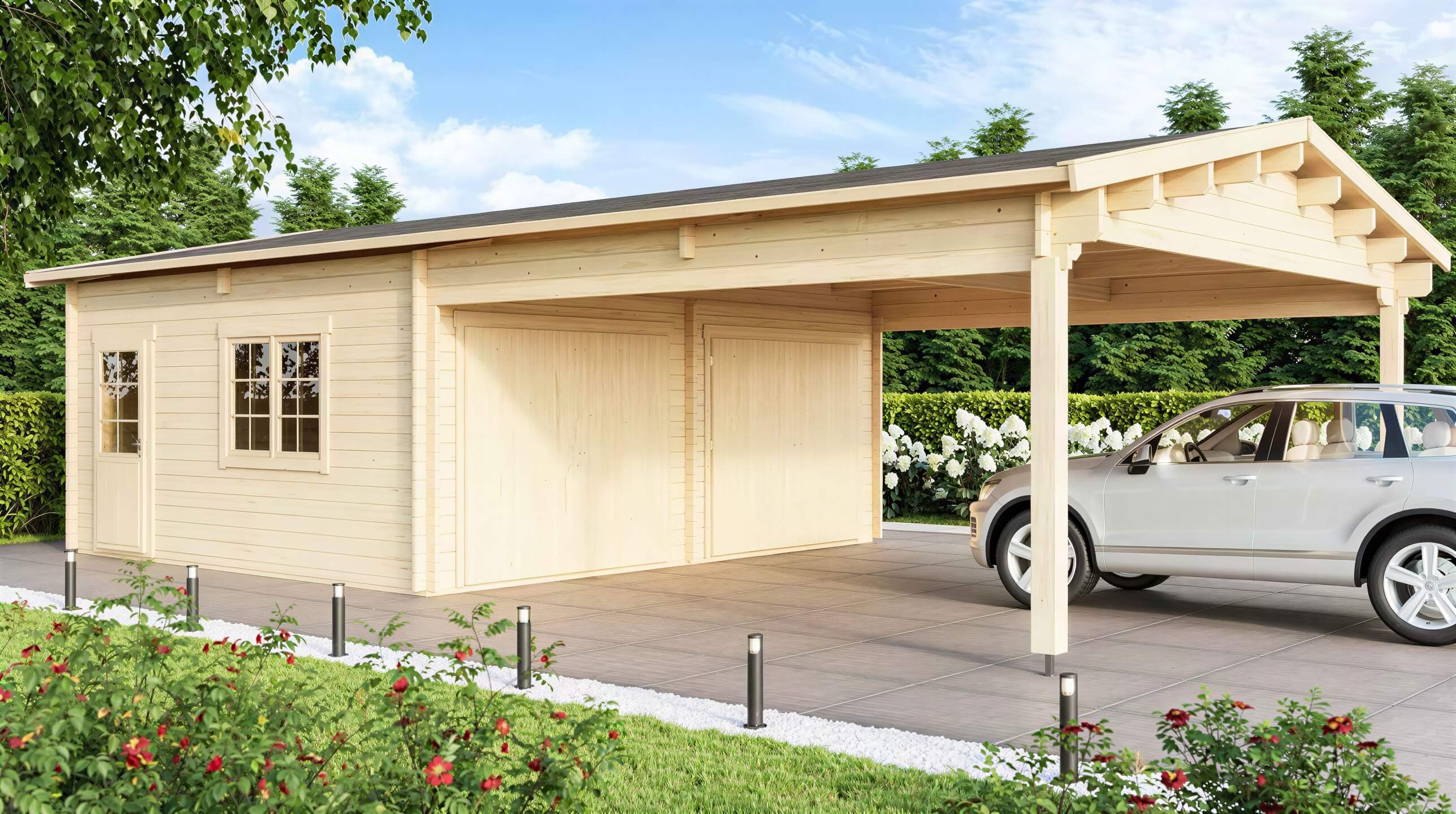 GardenHouse24 USA Double Garage and Carport Erki 70 Garden Room features a silver SUV parked under the wooden carport near a landscaped garden