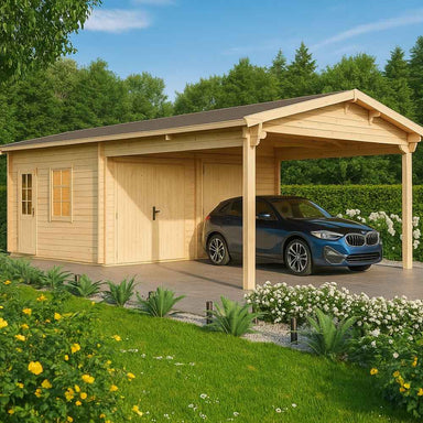 GardenHouse24 USA Double Garage and Carport Erki 70 Garden Room shows a blue car parked in the carport surrounded by greenery and flowers