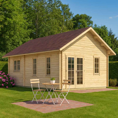 GardenHouse24 USA Farum 44 Garden Room with a red roof sits in a sunny backyard