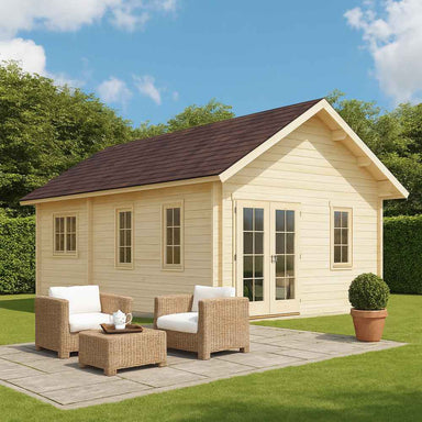 GardenHouse24 USA Farum 70 Garden Room features a cozy wicker patio set on a paved area outside a light wooden cabin with large windows
