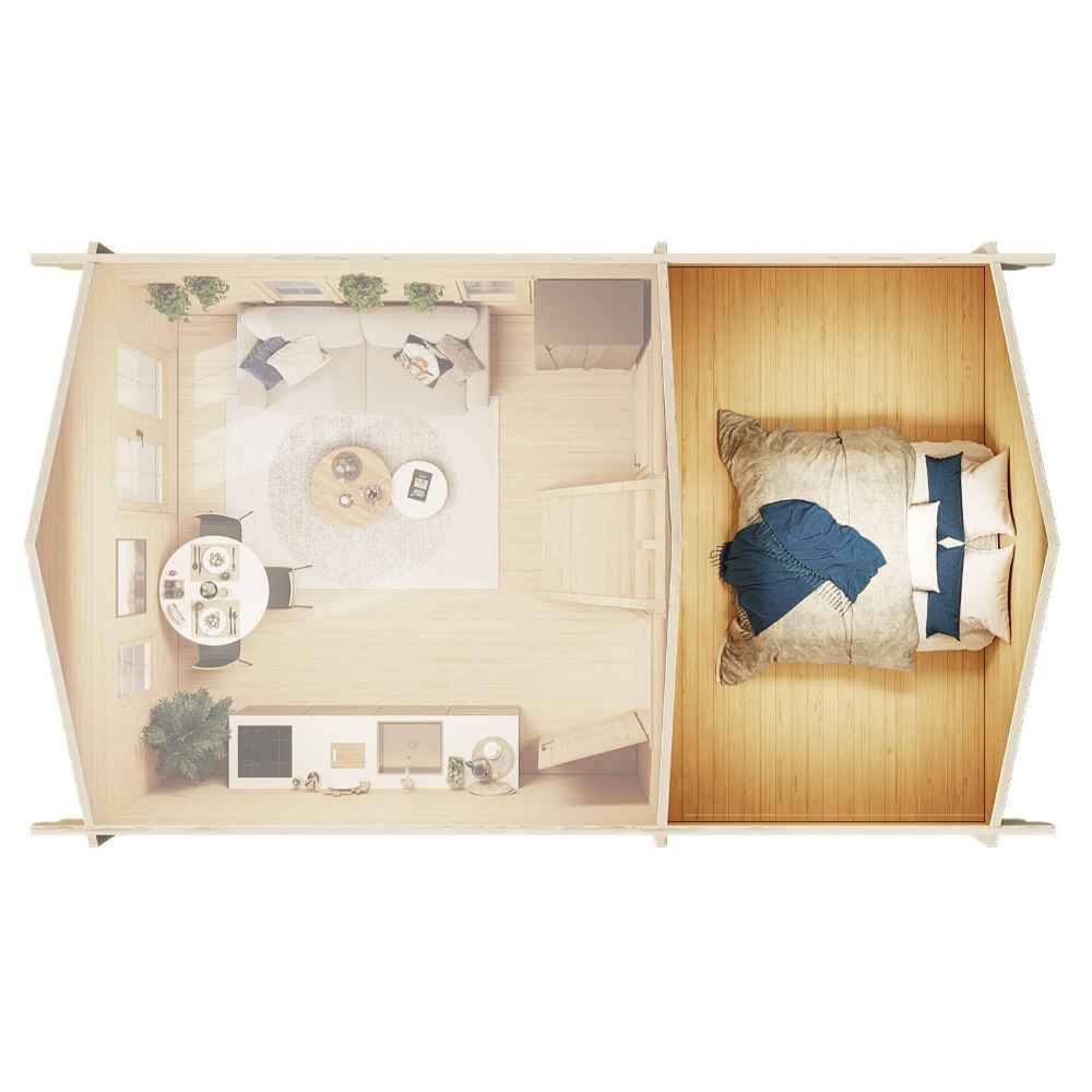 GardenHouse24 USA Farum 70 Garden Room is shown from above with a cozy bedroom containing a double bed and a stylish open living and kitchen space