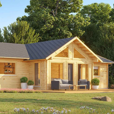 GardenHouse24 USA Francesca 70 Garden Room with a shaded patio, lounge chairs, and surrounding greenery