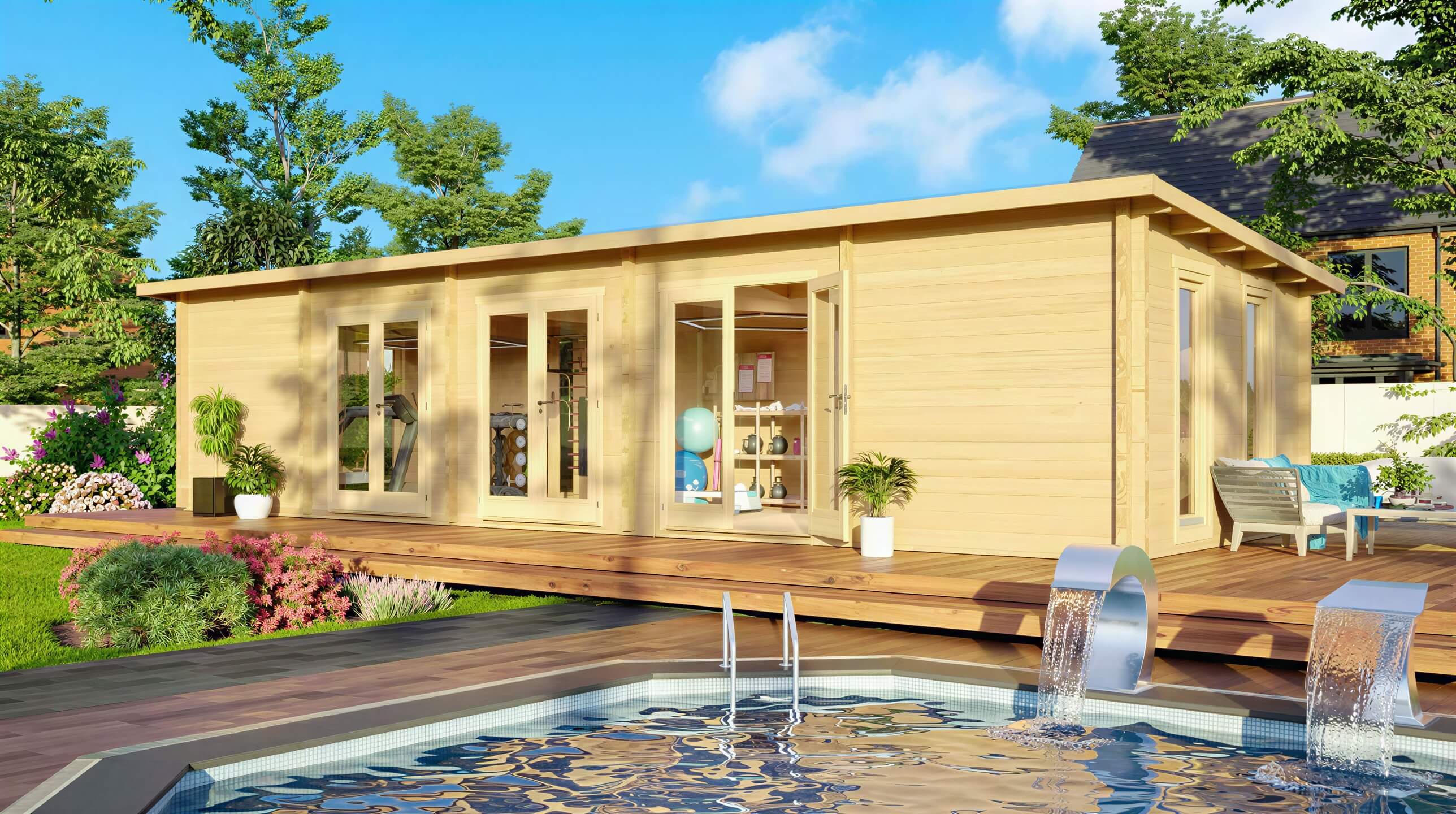 GardenHouse24 USA Game Room 70 Garden Room is shown next to a pool on a sunny day