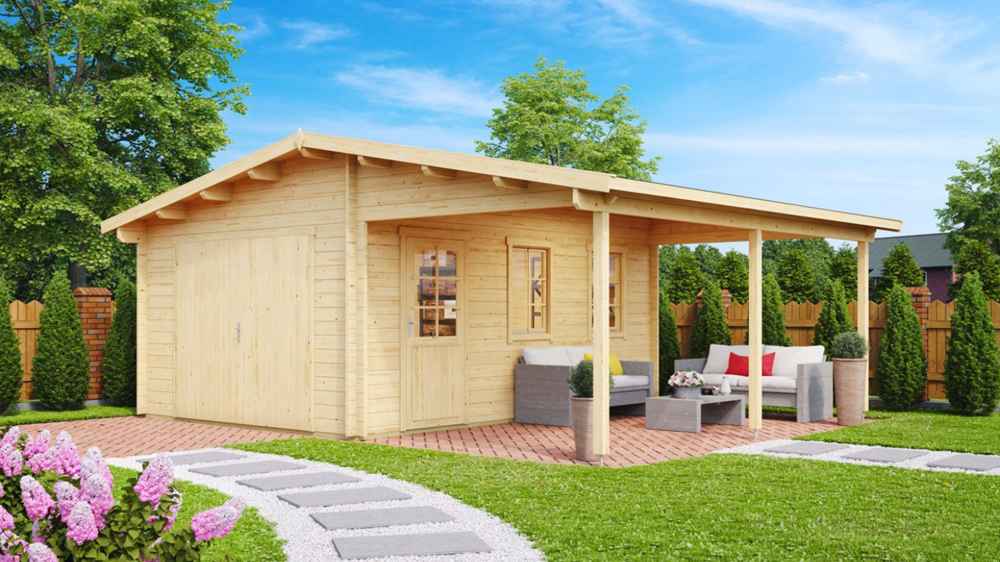 GardenHouse24 USA Garage Bjarne 44 Garden Room featuring a relaxing garden setup with patio seating and flowerbeds