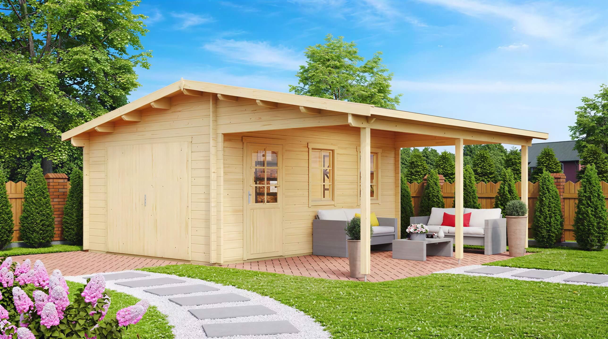 GardenHouse24 USA Garage Bjarne 44 Garden Room featuring a relaxing garden setup with patio seating and flowerbeds