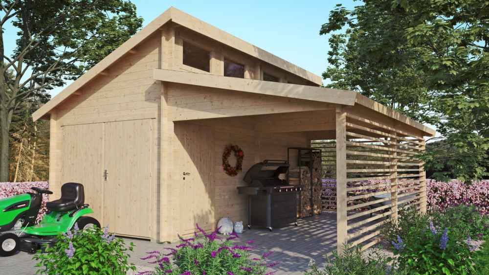 GardenHouse24 USA Garage Morten 44A Garden Room in a garden setting with a grill under the open carport