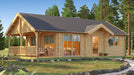 GardenHouse24 USA Garda 90 Garden Room stands surrounded by trees, its natural wood exterior glowing in daylight with a cozy patio on the left