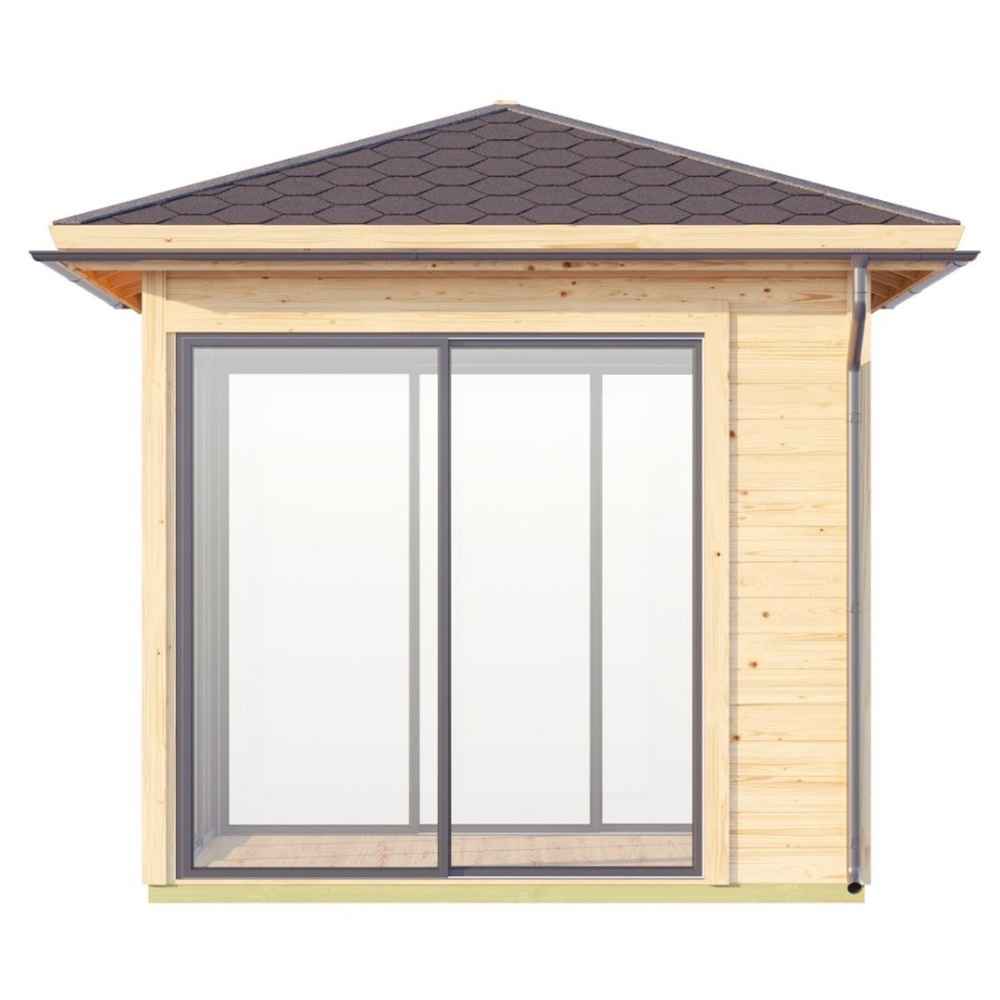 GardenHouse24 USA Glaspavillon ALU 44D ISO Garden Room is shown from another angle, featuring wide glass sliding doors and a neat rain gutter system