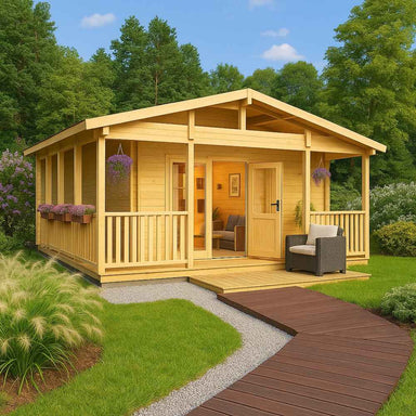 GardenHouse24 USA Glostrup 70 Garden Room is pictured in a landscaped garden, featuring a wooden structure with a welcoming front porch and flower boxes
