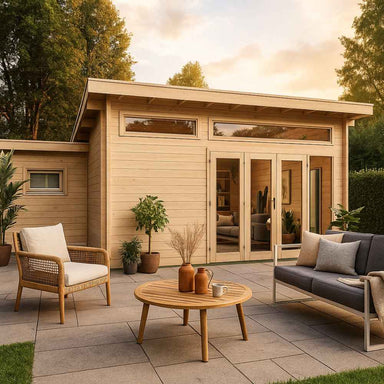 GardenHouse24 USA Harbord 70 Garden Room is shown fully assembled in a patio setting with outdoor furniture, plants, and warm interior lighting