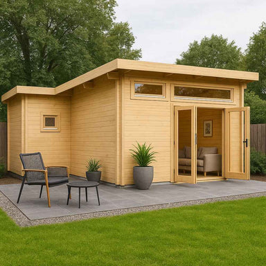 GardenHouse24 USA Harbord 70 Garden Room with a slanted roof, large glass doors, and surrounding patio furniture shown outdoors