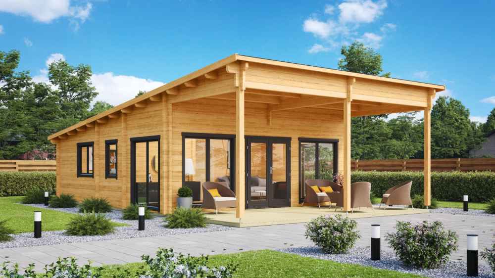 GardenHouse24 USA Hedland 70 Garden Room is shown in a sunny garden setting with outdoor furniture and glass doors inviting natural light into the space