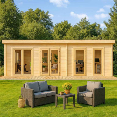 GardenHouse24 USA Henning 70 Garden Room with multiple glass doors and cozy interior spaces stands in a lush green yard