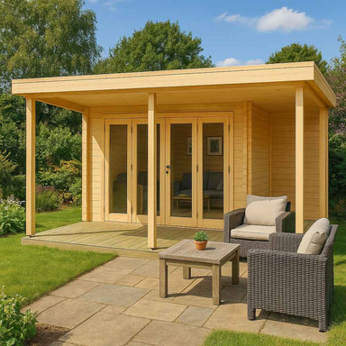 GardenHouse24 USA Keno 70 Garden Room is set up in a lush garden, featuring large glass doors and a covered porch with wicker furniture