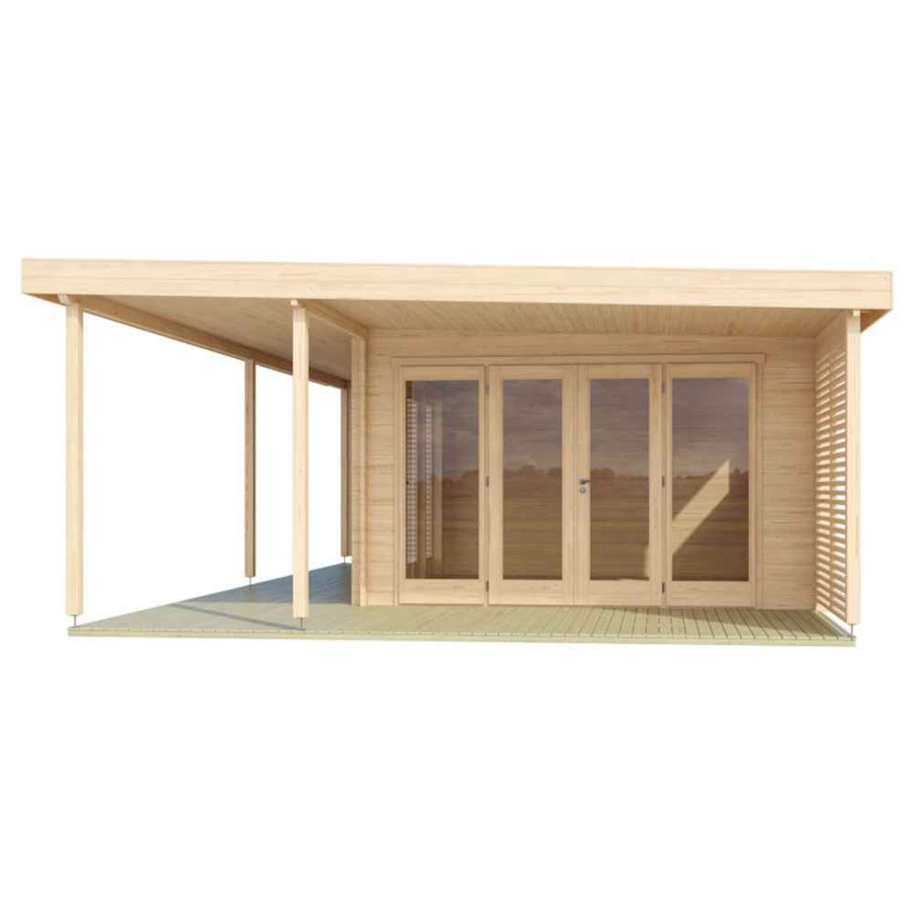 GardenHouse24 USA Kilian 70 Garden Room features a front view showcasing its clean lines, wide glass doors, and slatted privacy panels