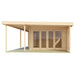 GardenHouse24 USA Kilian 70 Garden Room features a front view showcasing its clean lines, wide glass doors, and slatted privacy panels
