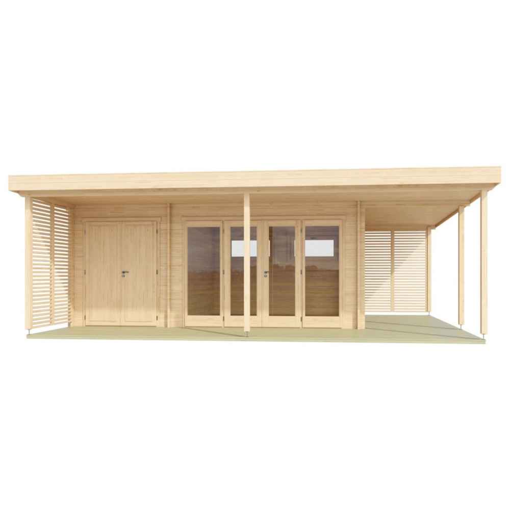 GardenHouse24 USA Kilian 70 Garden Room stands with its symmetrical glass façade and slatted wooden accents under a wide roof