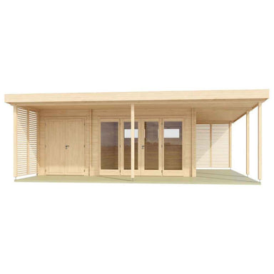 GardenHouse24 USA Kilian 70 Garden Room stands with its symmetrical glass façade and slatted wooden accents under a wide roof