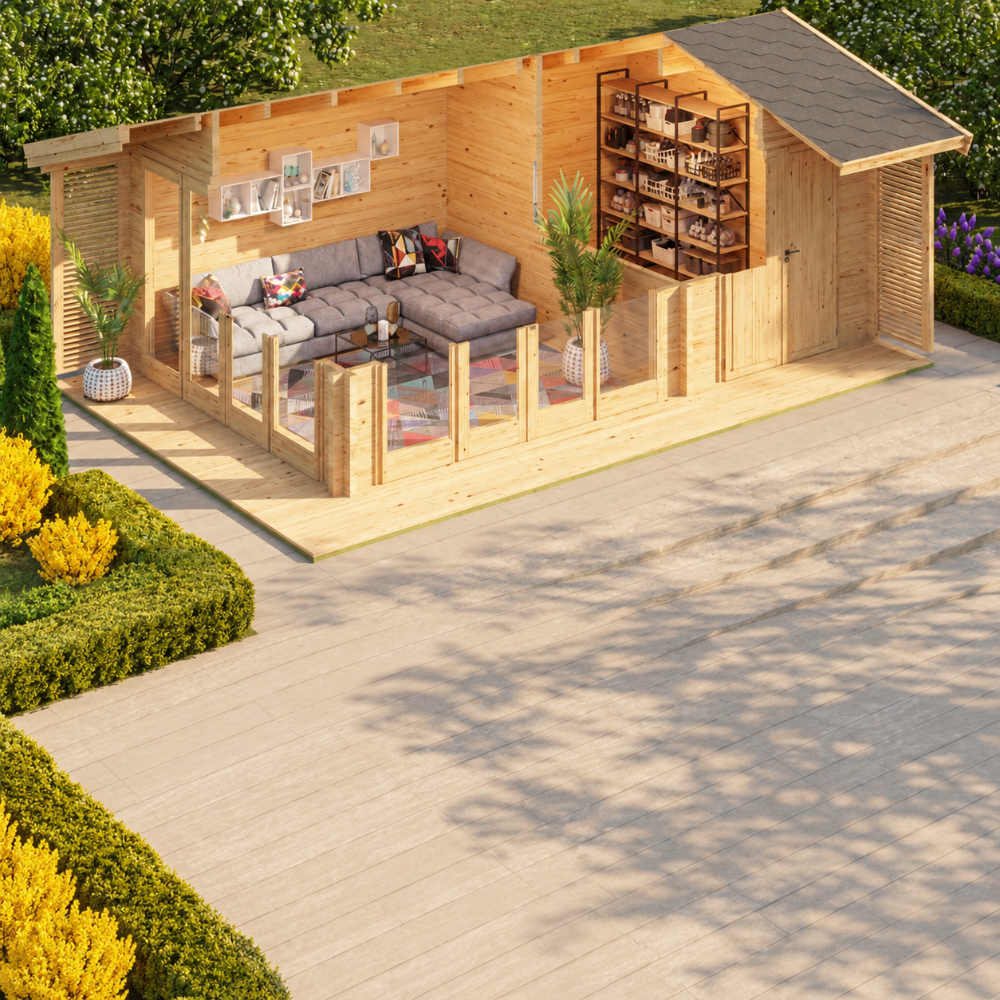 GardenHouse24 USA Konrad 44 B Garden Room is shown with one wall removed, revealing a cozy sofa lounge and smart shelving for a multifunctional garden escape