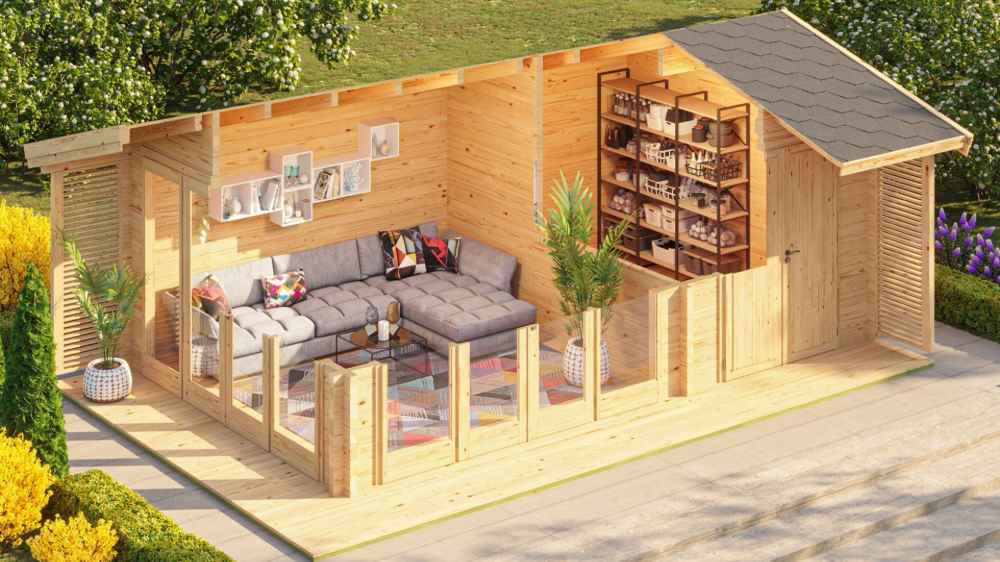 GardenHouse24 USA Konrad 44 B Garden Room is shown with one wall removed, revealing a cozy sofa lounge and smart shelving for a multifunctional garden escape