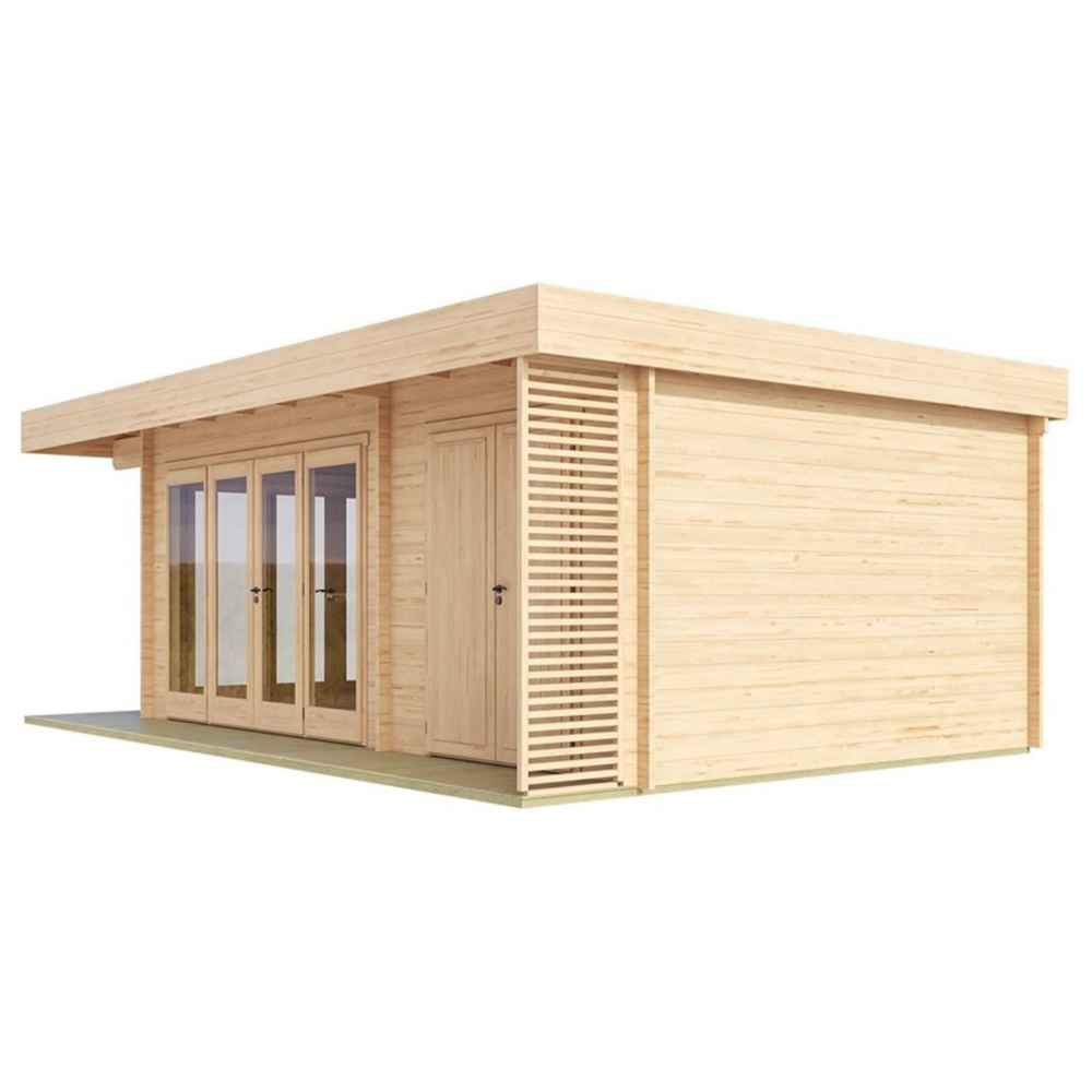 GardenHouse24 USA Konrad 44 Garden Room is shown from the rear angle, highlighting its clean wood paneling and side entrance door