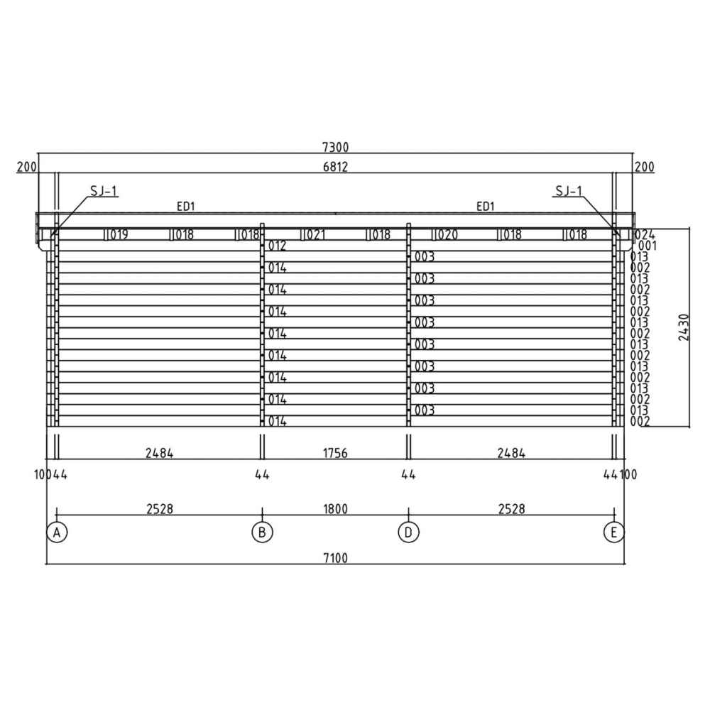 GardenHouse24 USA Lasse 44A ALU Garden Room construction drawing displays a detailed wall layout with measurements and timber alignment