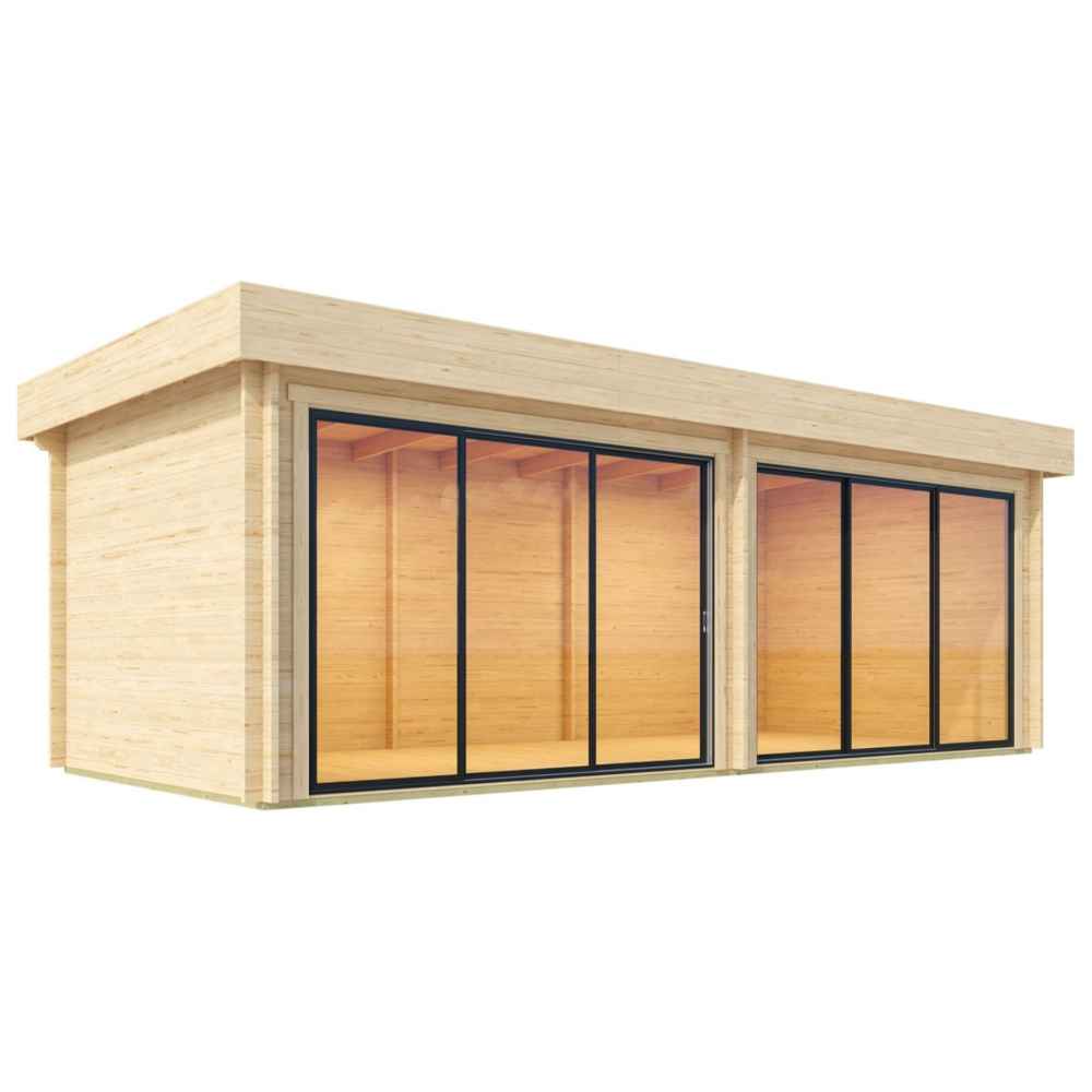GardenHouse24 USA Lasse 44A ALU Garden Room is shown as a bright wooden cabin with two sets of wide glass doors, viewed from the front