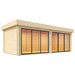GardenHouse24 USA Lasse 44A ALU Garden Room is shown as a bright wooden cabin with two sets of wide glass doors, viewed from the front