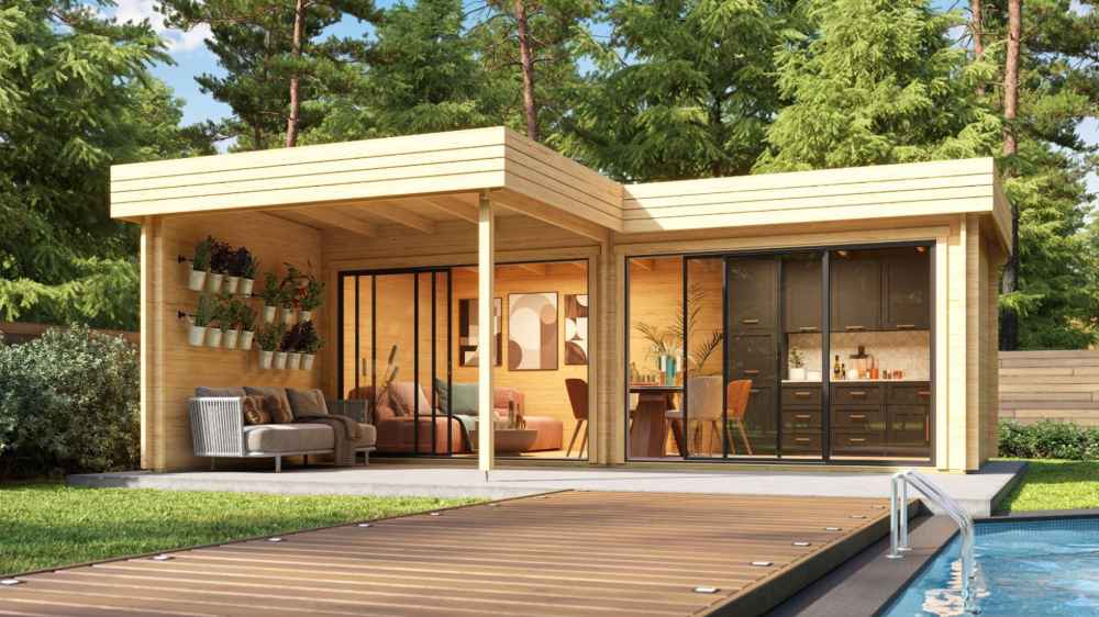 GardenHouse24 USA Lasse 44B ALU Garden Room is beautifully staged by a pool, featuring cozy seating, dining space, and a mini kitchen inside