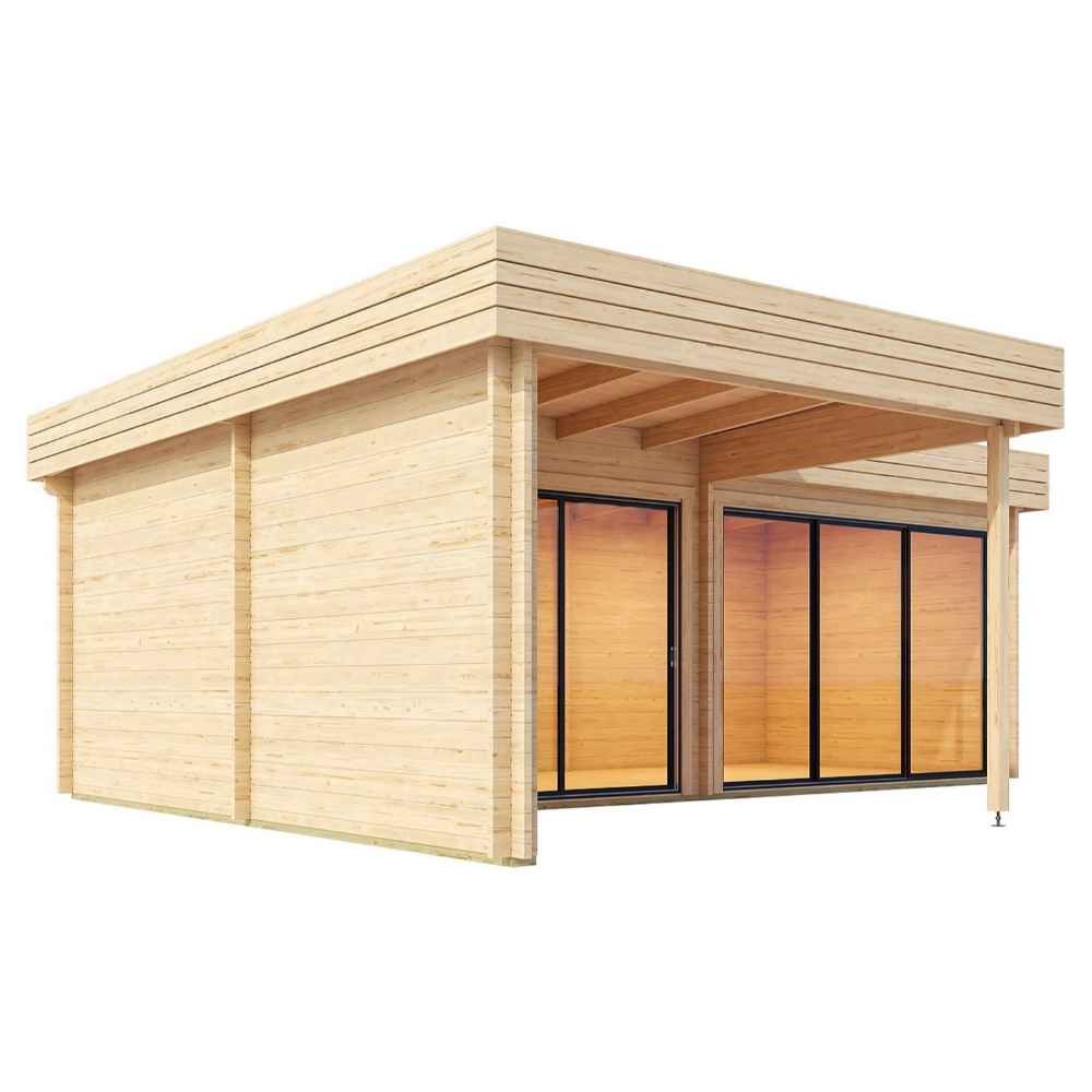 GardenHouse24 USA Lasse 44B ALU Garden Room is shown from the back corner, highlighting its sturdy construction and sheltered front porch area