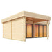 GardenHouse24 USA Lasse 44B ALU Garden Room is shown from the back corner, highlighting its sturdy construction and sheltered front porch area