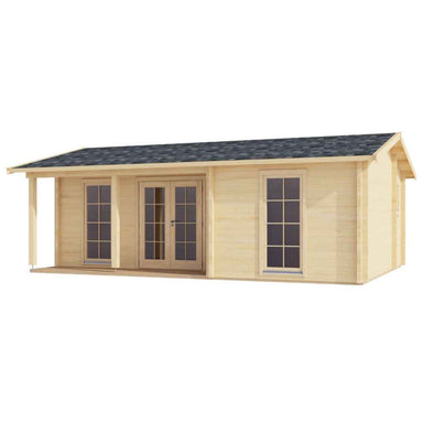 GardenHouse24 USA Lilja 70 Garden Room shows a light wooden exterior with symmetrical windows and a dark shingled roof, viewed at an angle