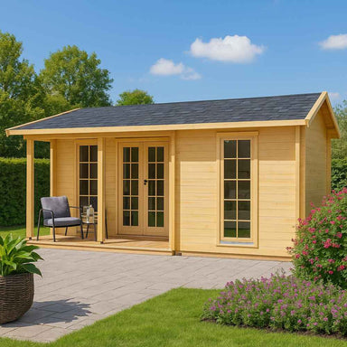 GardenHouse24 USA Lilja 90 Garden Room is a light wooden cabin with tall windows and a cozy front porch set in a sunny green garden