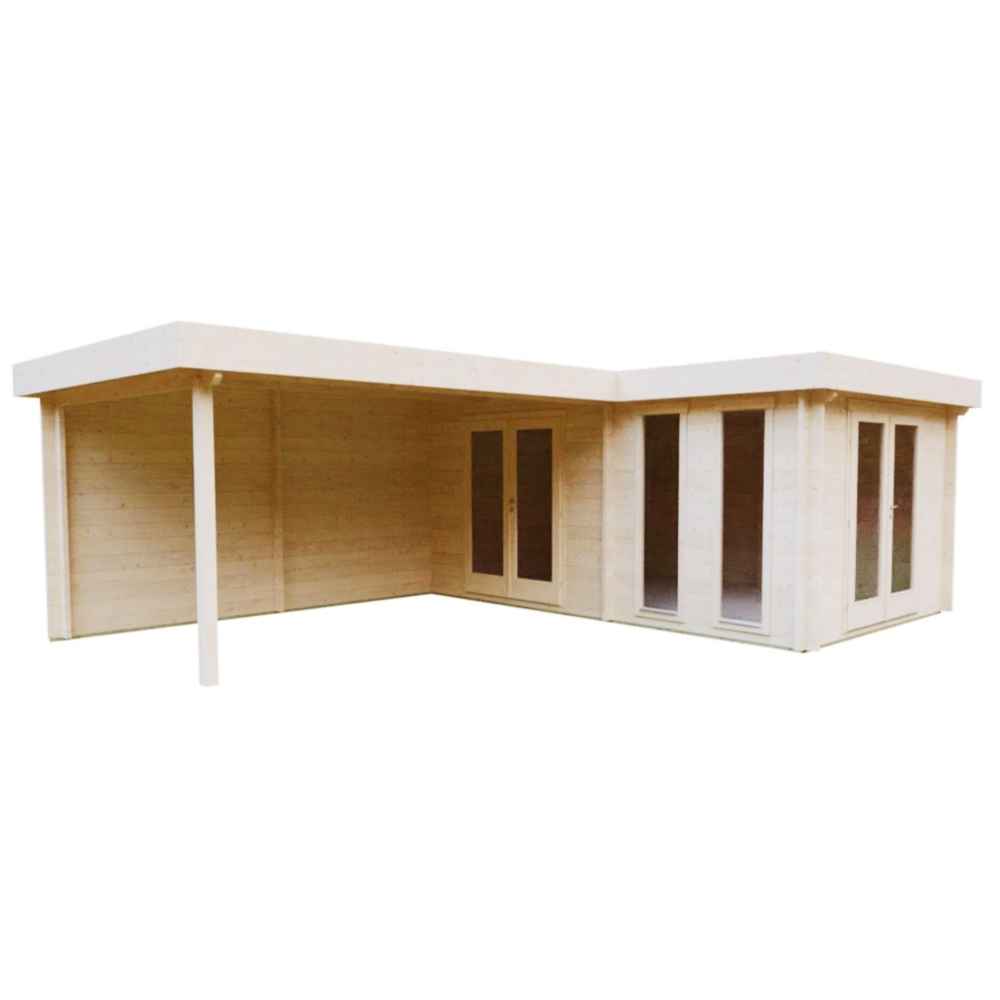 GardenHouse24 USA Luisa 70 Garden Room is shown unfurnished, featuring large glass doors and windows on its L-shaped frame