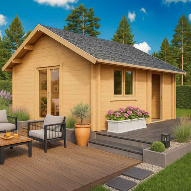 GardenHouse24 USA Melanie 70 Garden Room with a dark shingled roof and stylish patio seating