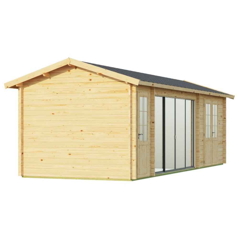 GardenHouse24 USA Mikelli 44 Garden Room is seen from an angled rear view, showing two entry doors and full-length glass sliding doors