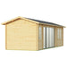 GardenHouse24 USA Mikelli 44 Garden Room is seen from an angled rear view, showing two entry doors and full-length glass sliding doors